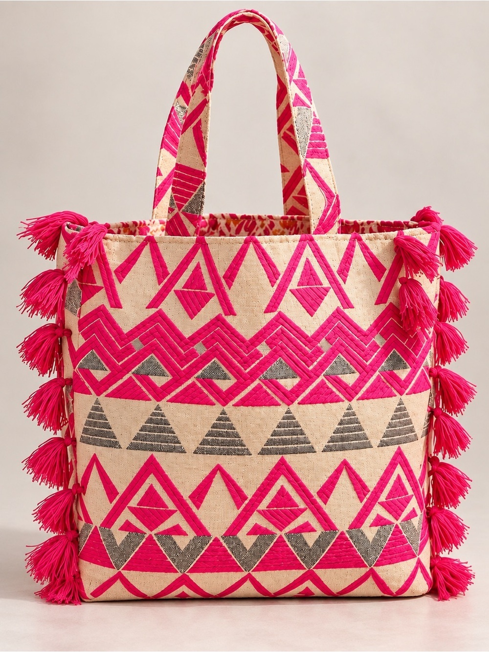 Marabelle beige/ pink geometric pattern w/ pink fringe Tote